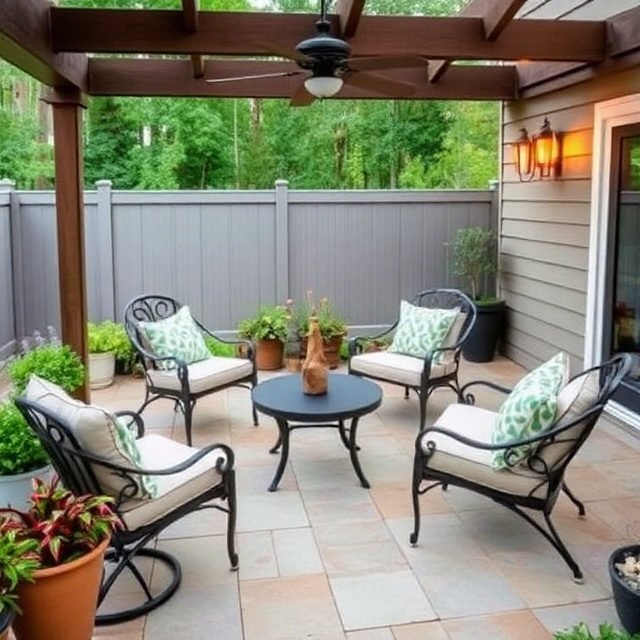 Zone 0 outdoor living patio design with metal furniture and non-combustible flooring