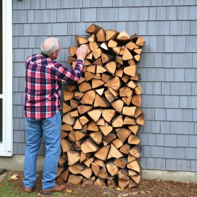 Homeowner stacking firewood against exterior wall as one of the top zone 0 mistakes homeowners make