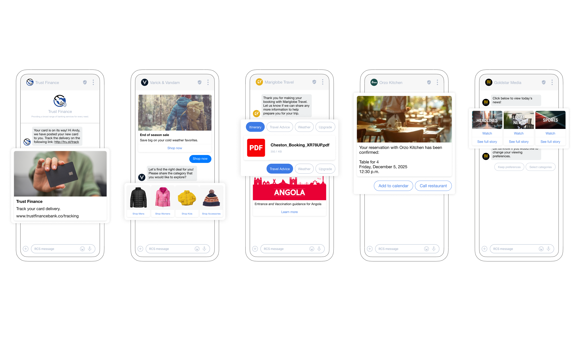 Phone screen mockups showing examples of RCS messages