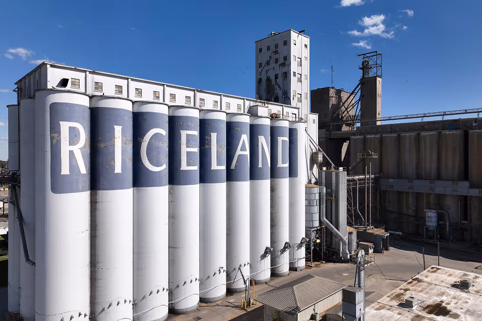 Large Riceland grain silos and milling facility.
