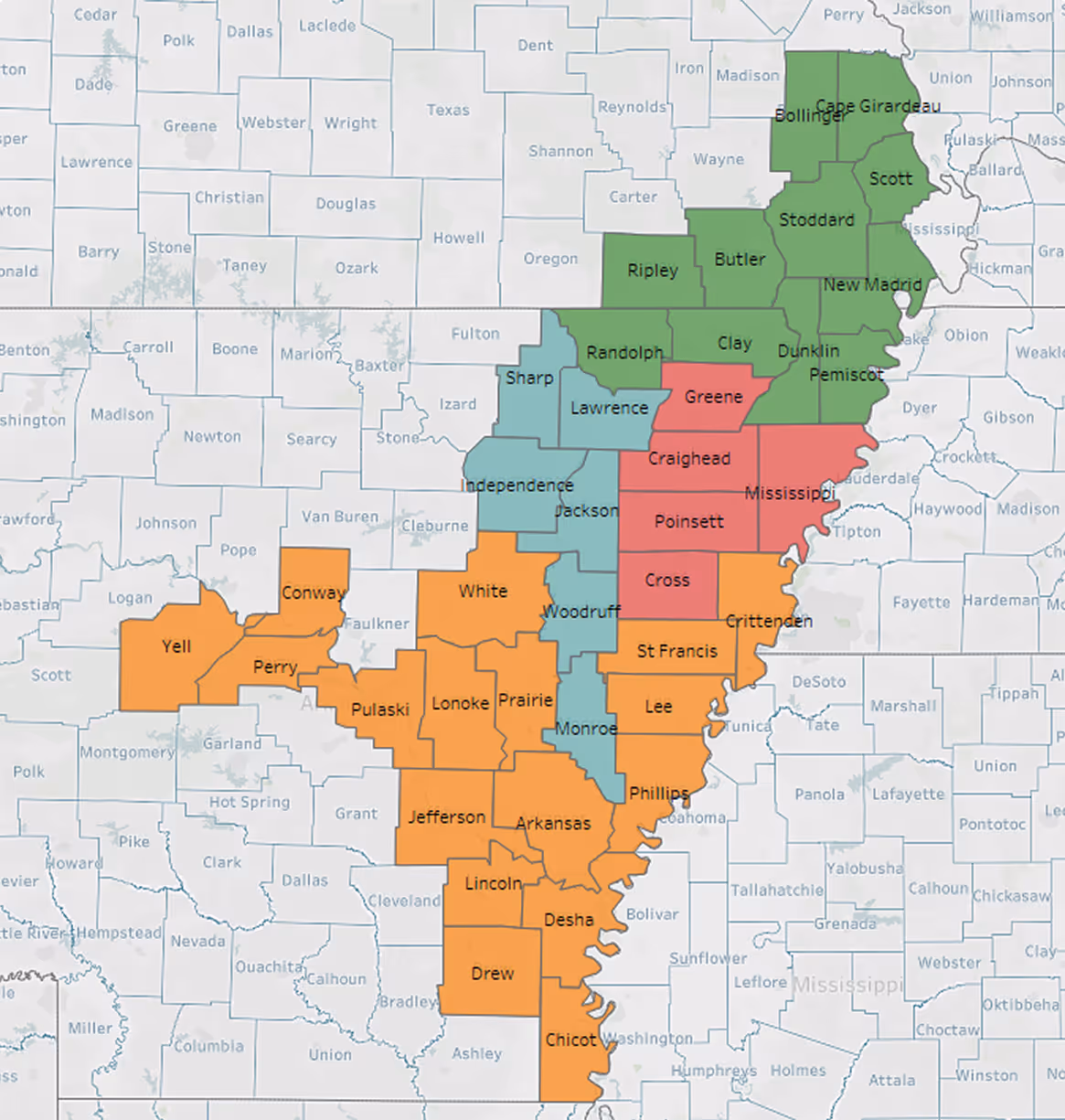 Color-coded map of Riceland’s cooperative district coverage areas.