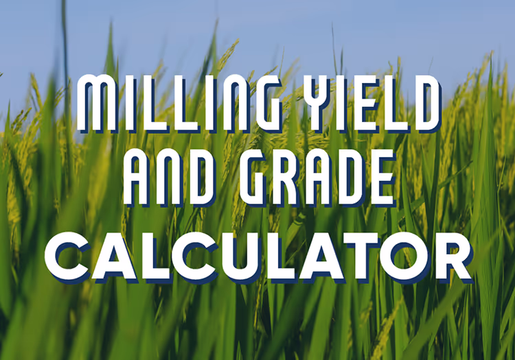 Milling yield and grade calculator text over rice field.