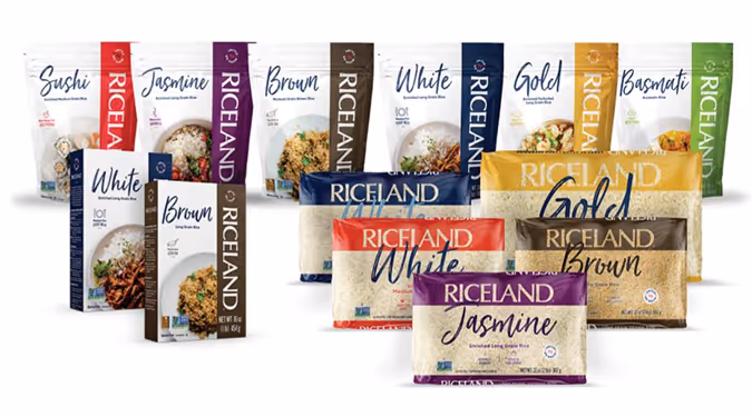 Assortment of packaged Riceland rice products including white, brown, jasmine, sushi, and basmati varieties.