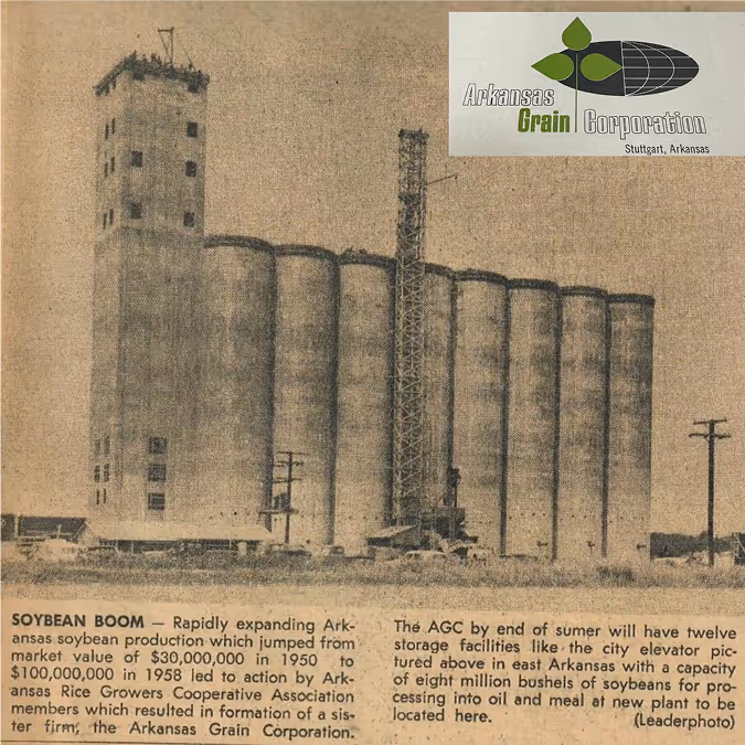 Arkansas Grain Corporation’s large grain silos in Stuttgart, Arkansas newspaper clipping.
