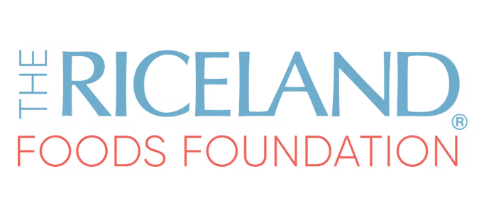 Logo for The Riceland Foods Foundation in light blue and red text.
