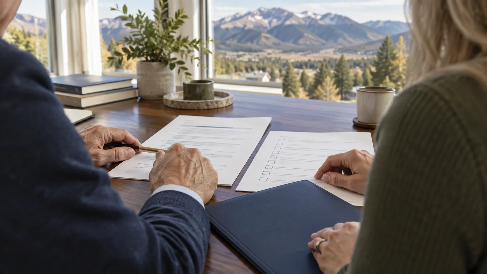 Couple reviewing estate planning documents with Colorado mountains in the background