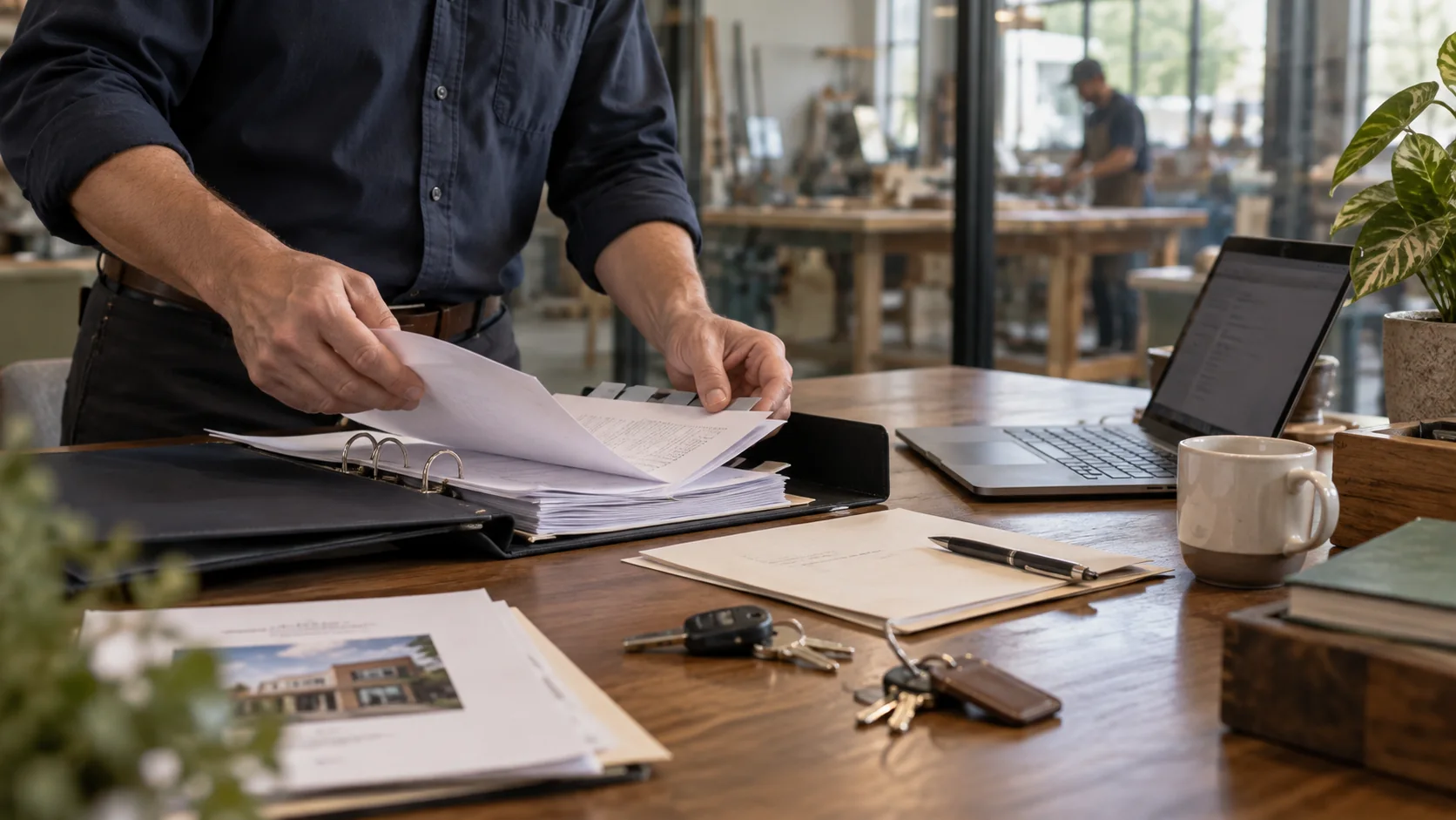 Business owner organizing company records and succession planning documents