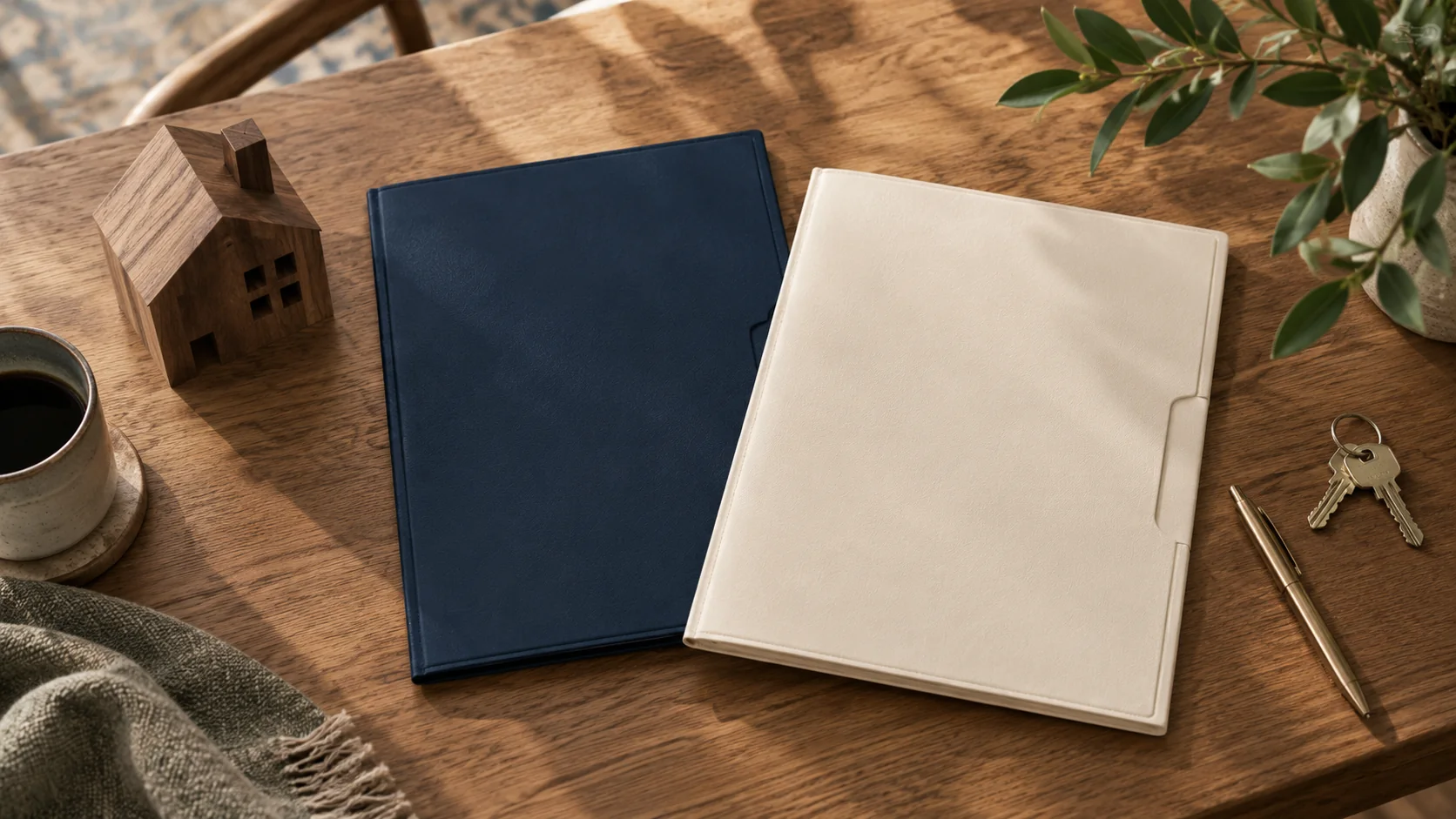 Will and living trust folders beside a model home and property keys