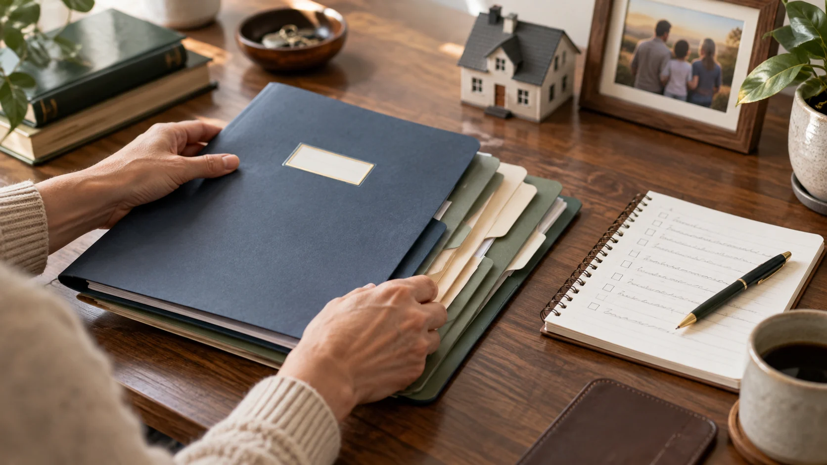 Hands organizing an estate plan with document folders and an asset checklist