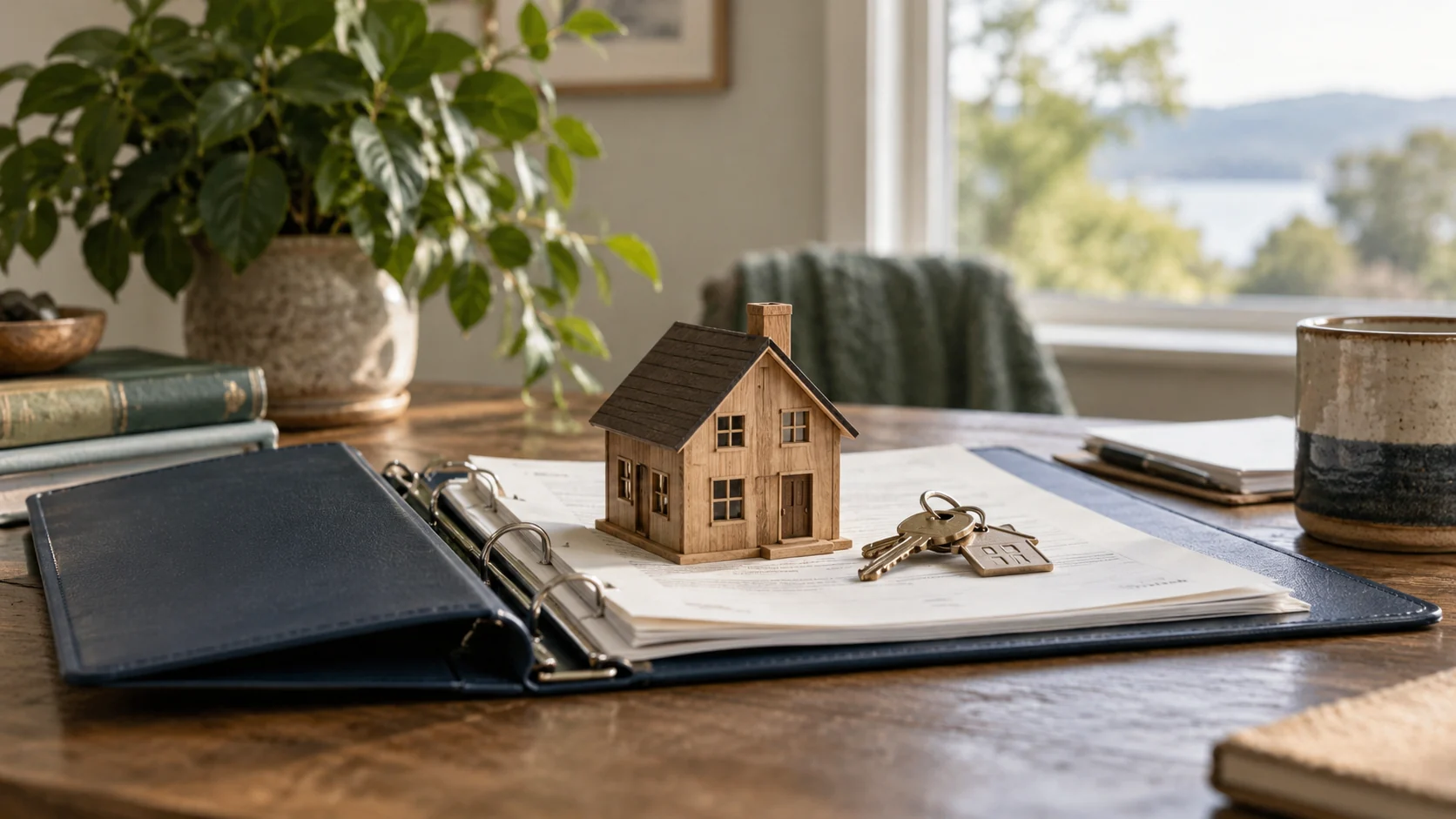 Model home and keys beside an open living trust binder