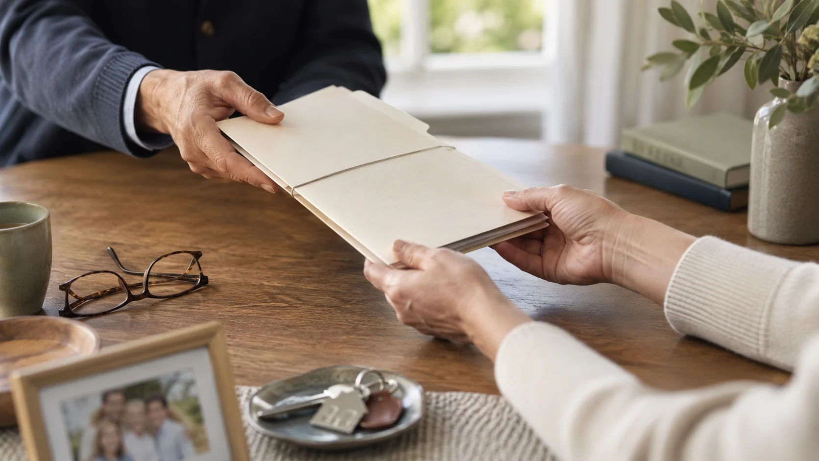 Hands passing estate planning records across a family table