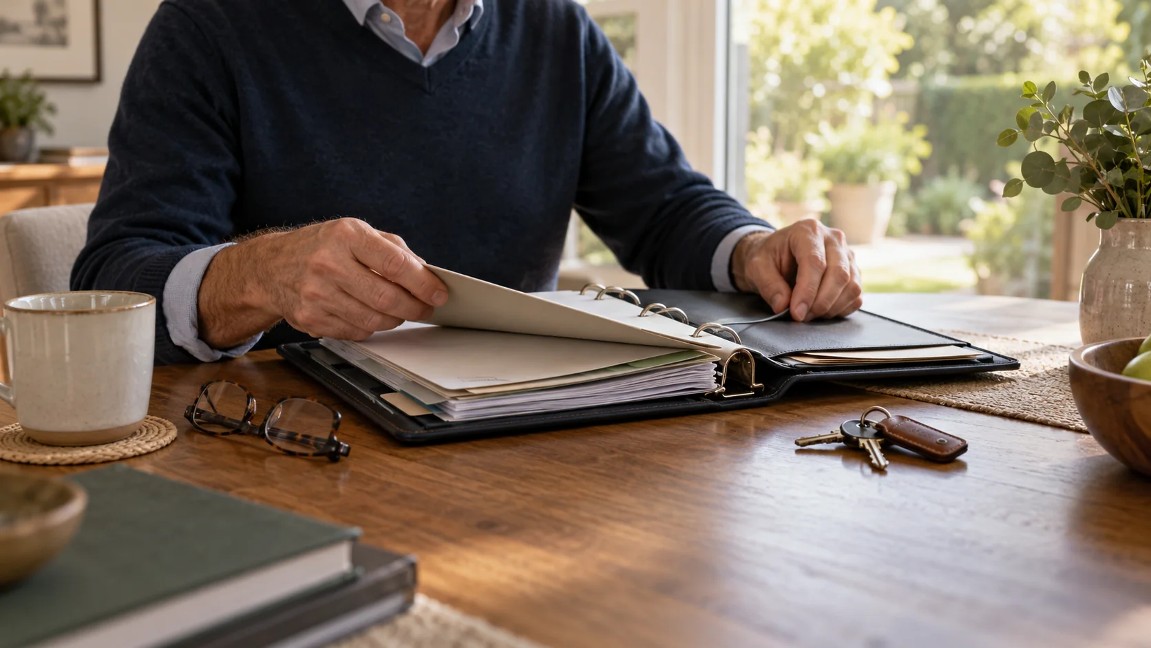 Homeowner reviewing an estate document binder with keys and reading glasses