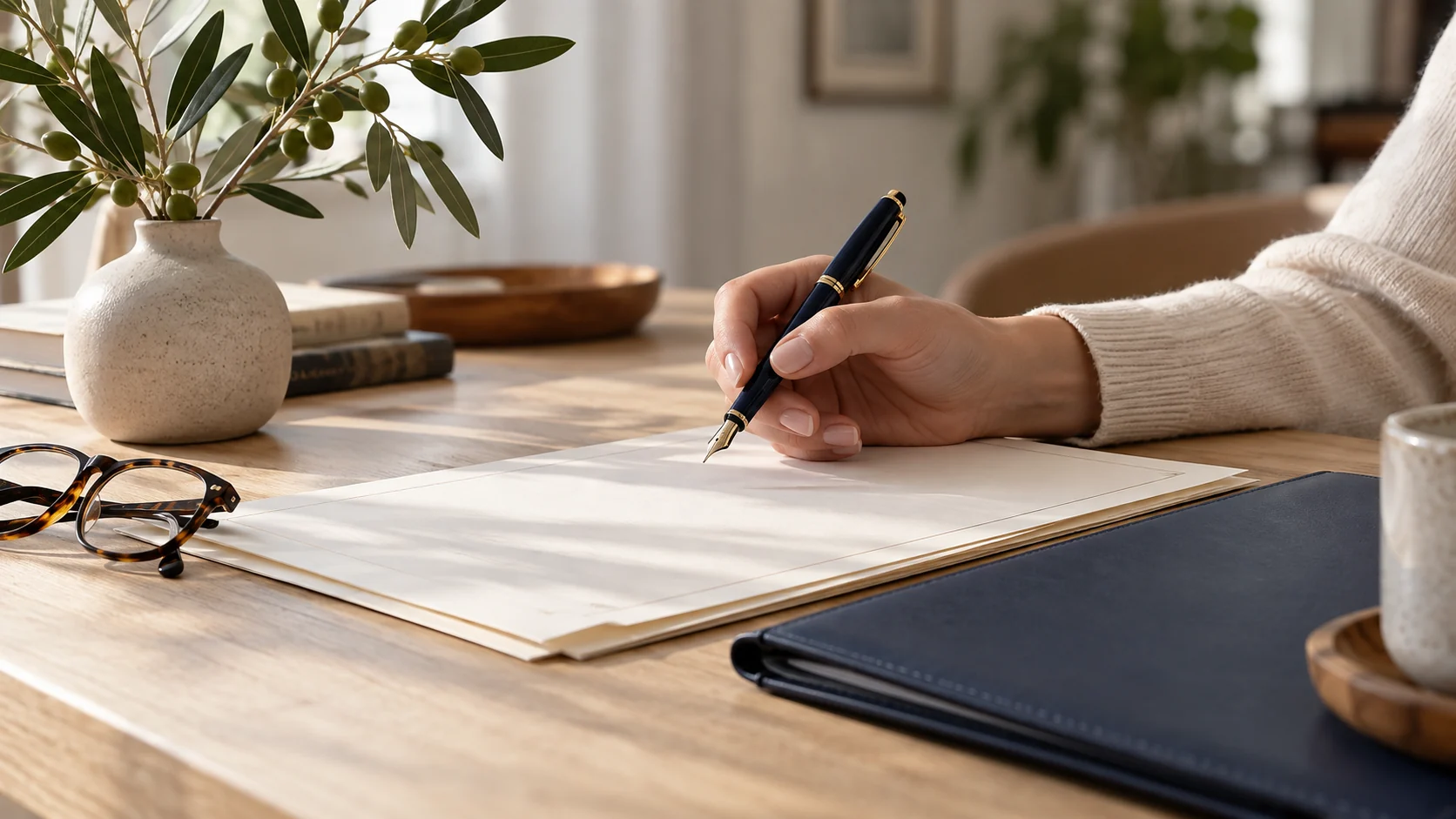Hand preparing will documents beside a navy folder and reading glasses
