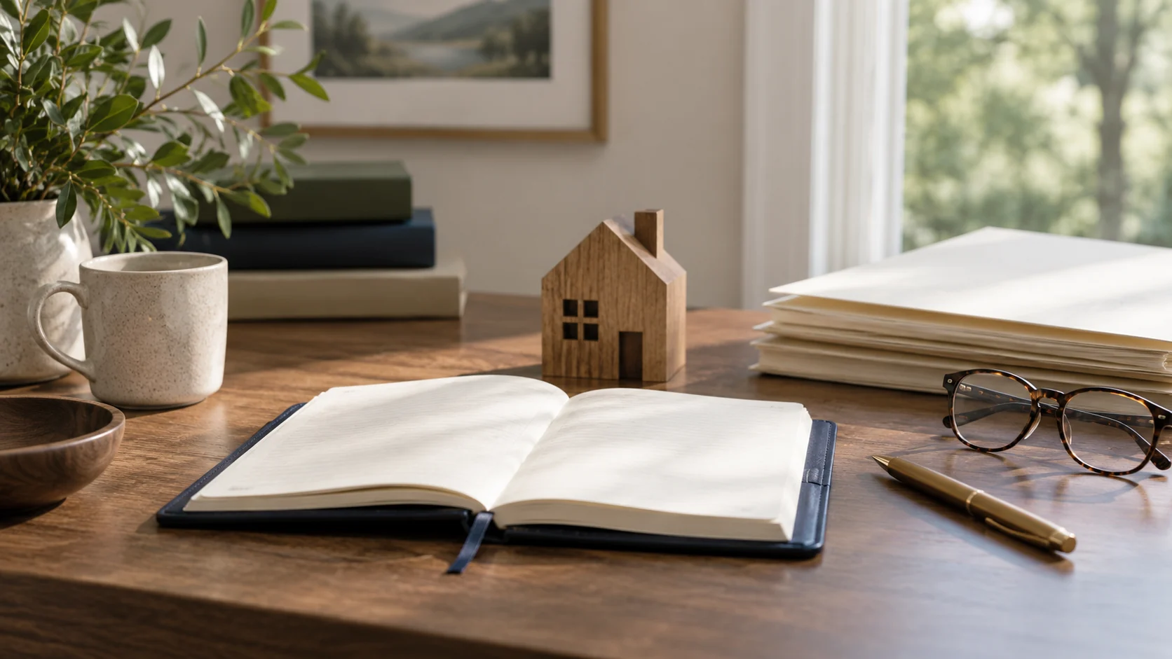 Trust planning notebook, property folders and model home on a desk