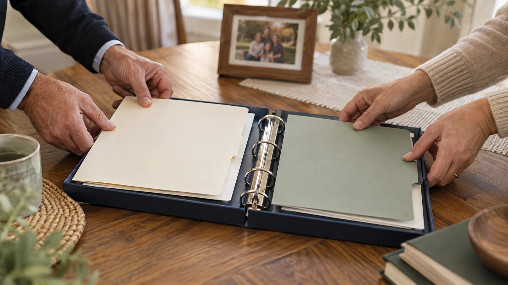 Adults organizing wills and trust records in a navy binder
