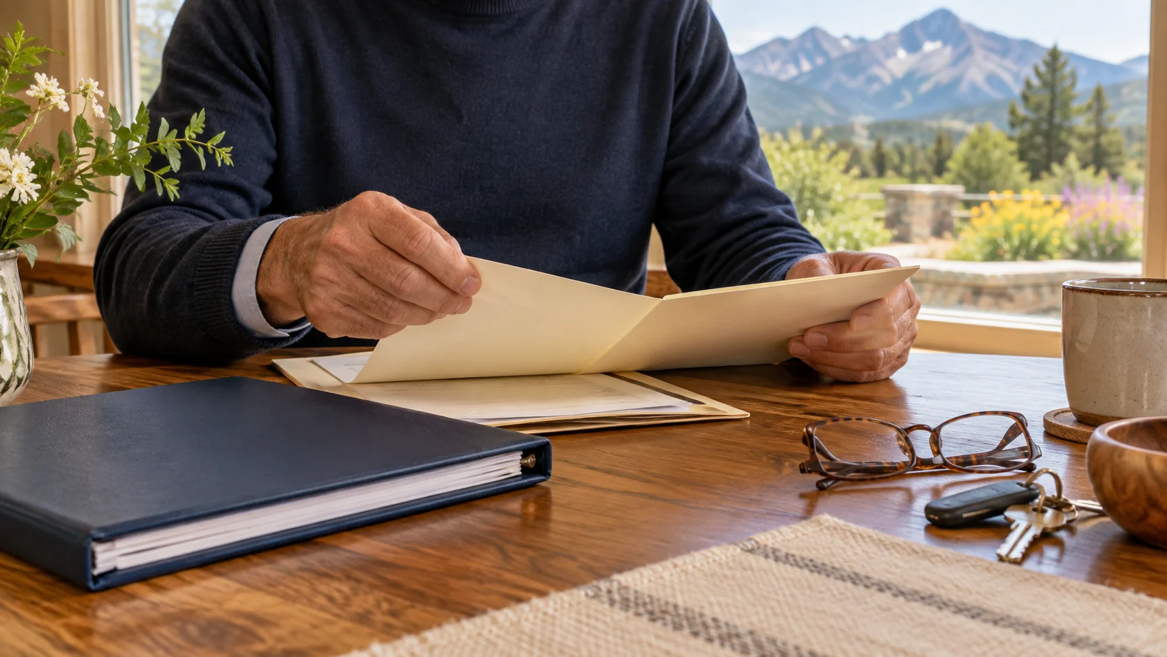 Homeowner reviewing an estate planning folder beside a binder and property keys