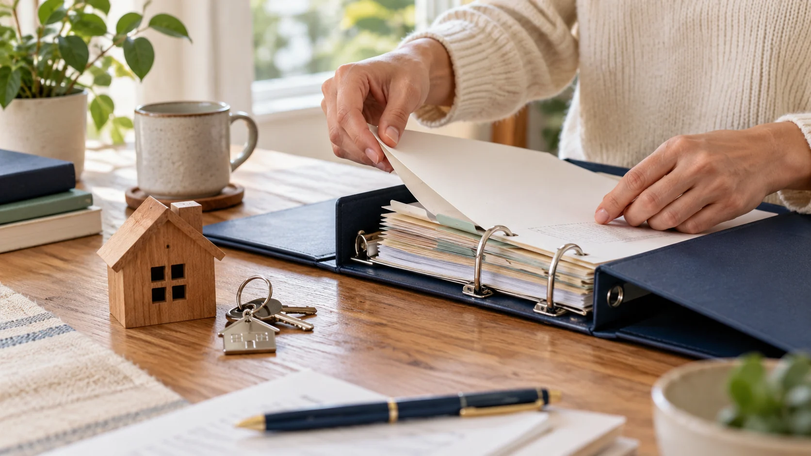 Hands organizing property documents in a trust binder