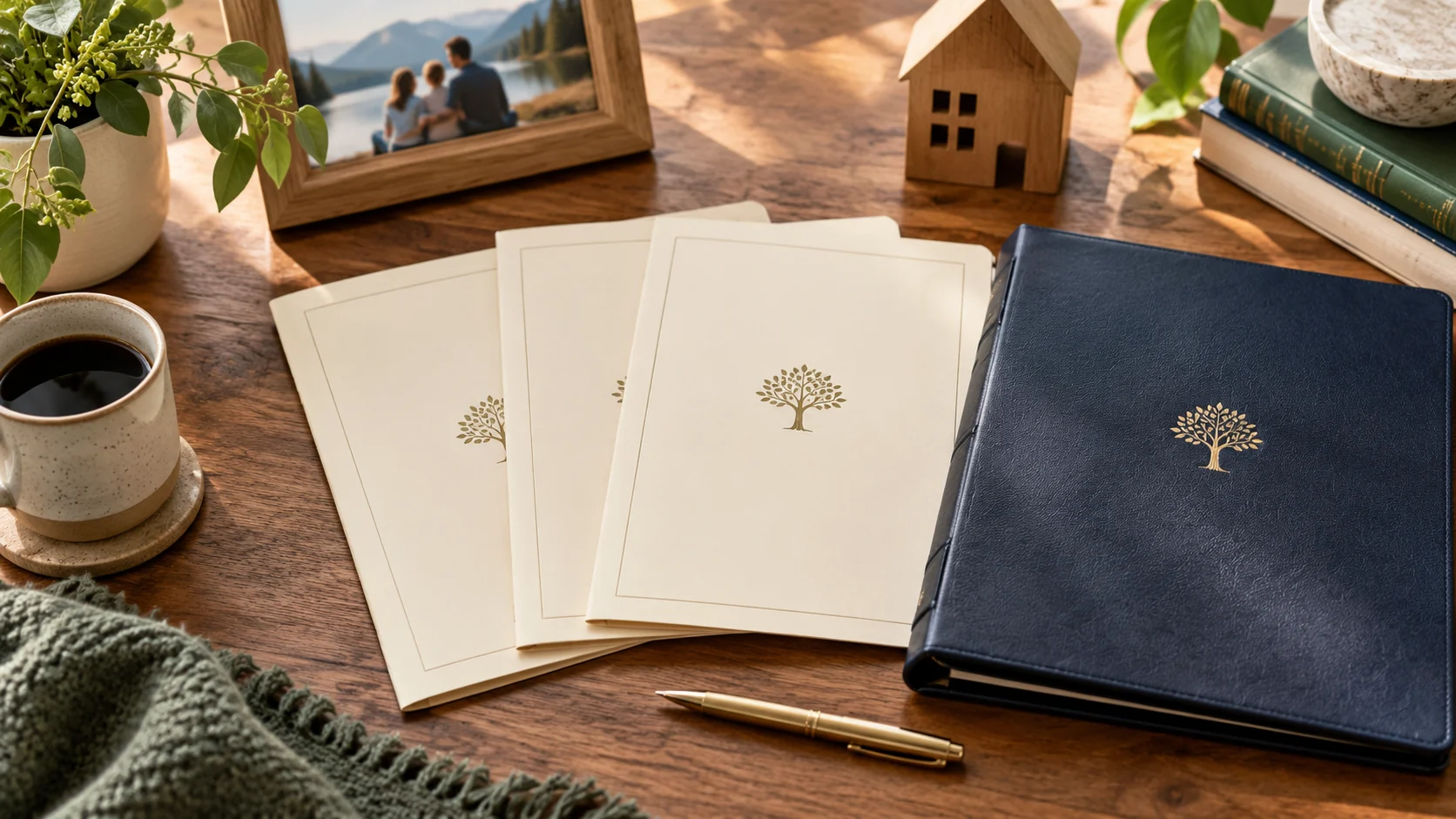 Coordinated will and trust folders beside a family photograph and model home