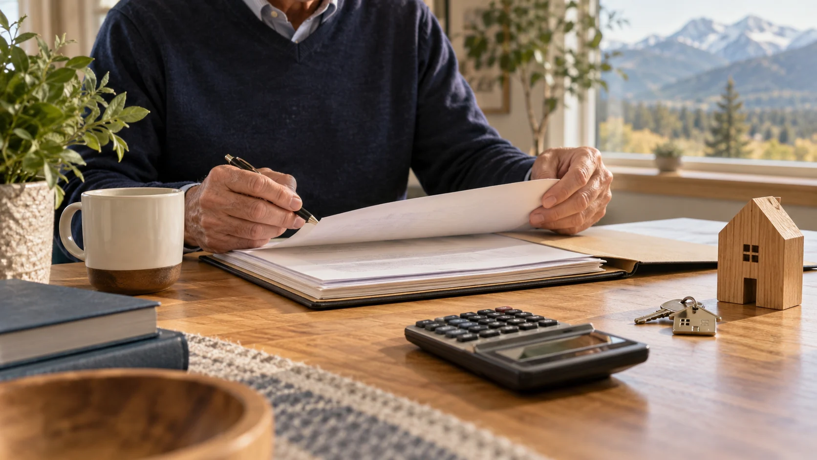 Homeowner reviewing property records with a calculator for capital gains tax planning
