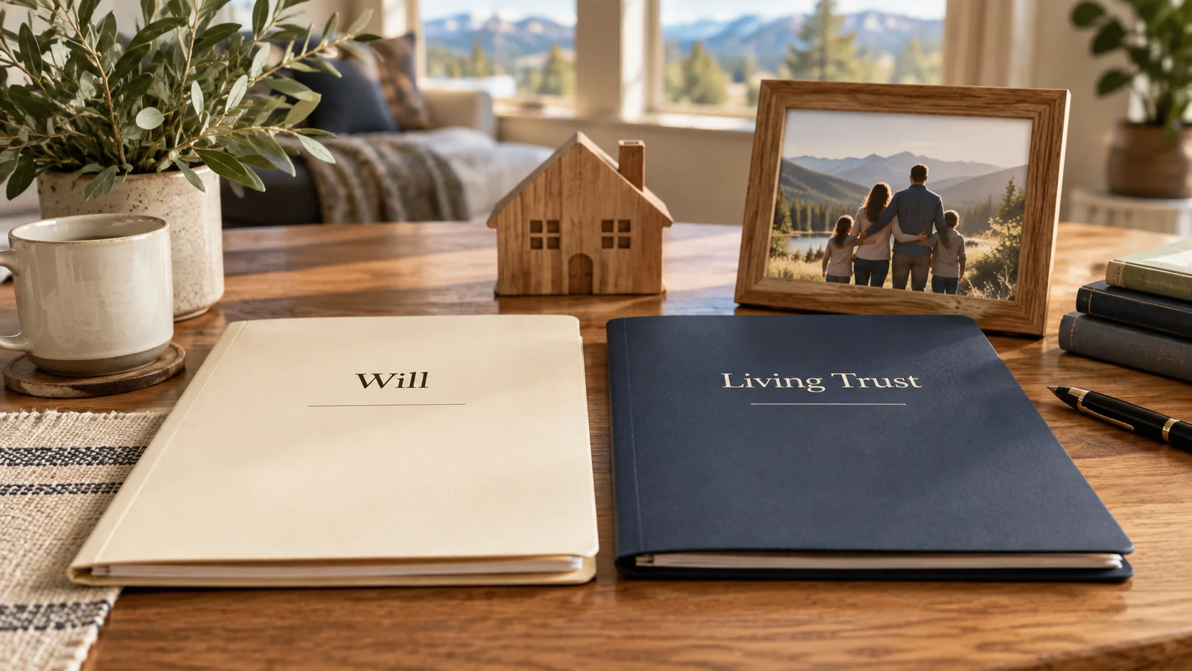 Will and living trust folders beside a model home and family photograph