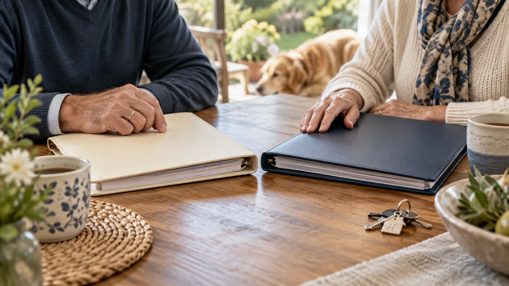 Couple comparing will and trust folders at their kitchen table