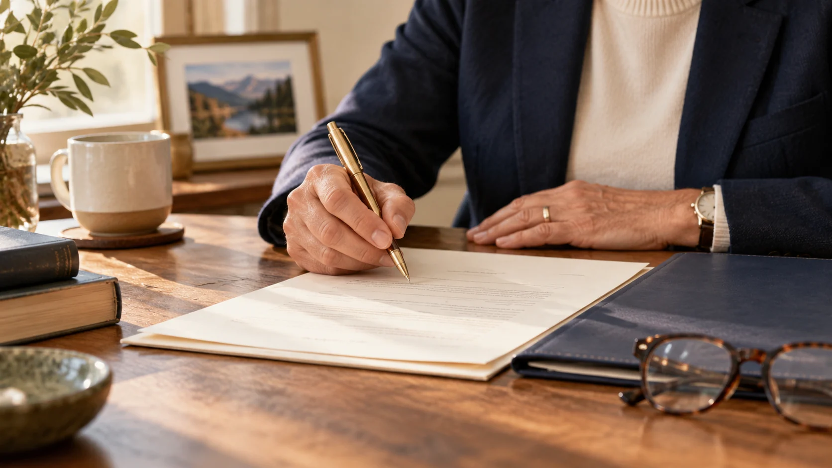 Adult preparing last will documents with a brass pen