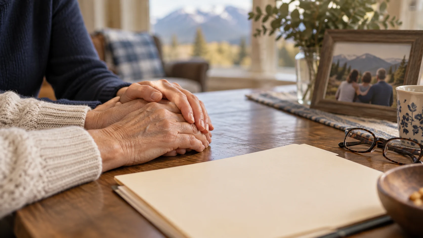 Caregiver offering reassurance beside guardianship planning documents
