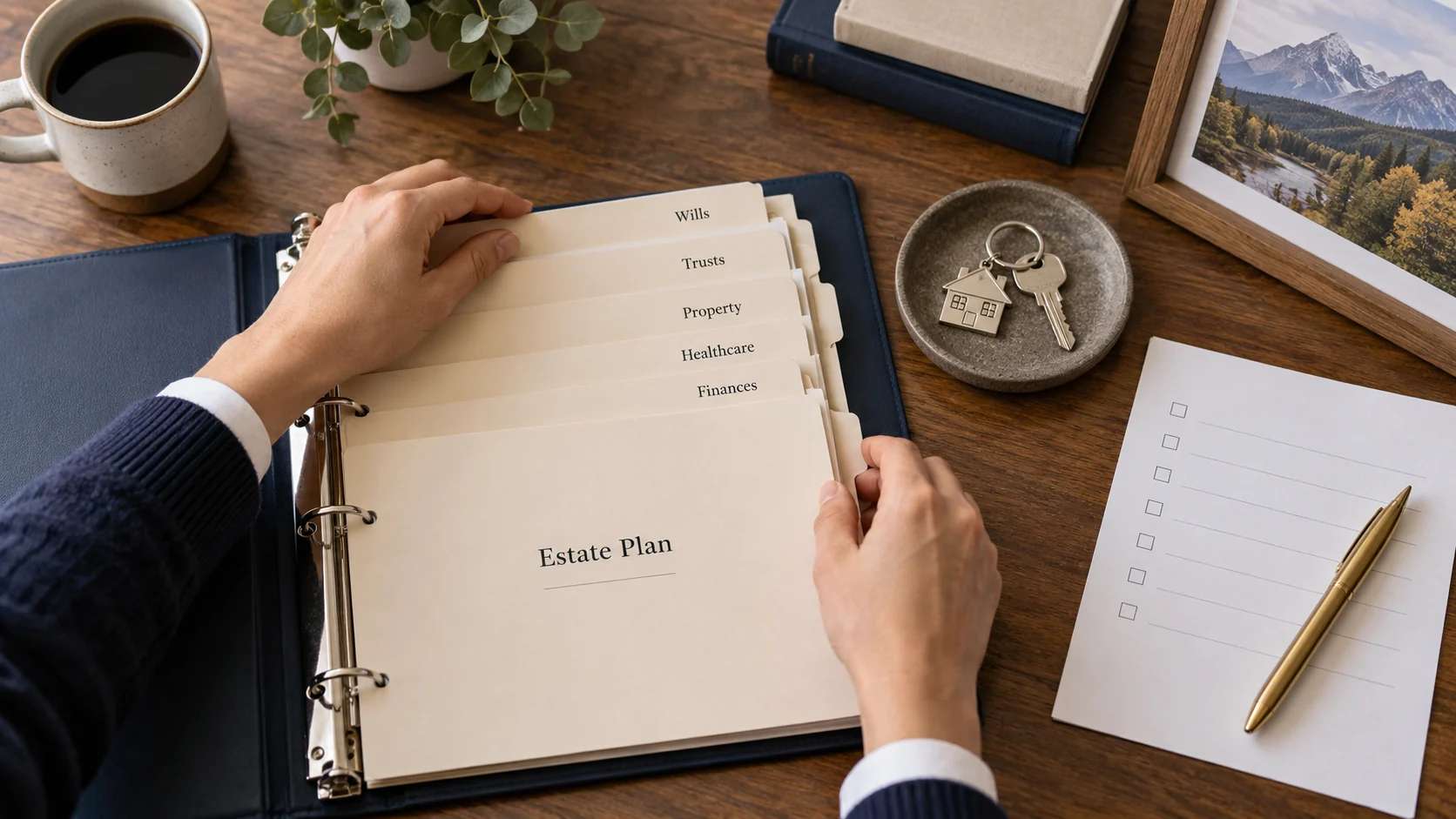Organized estate plan binder with property keys and an implementation checklist