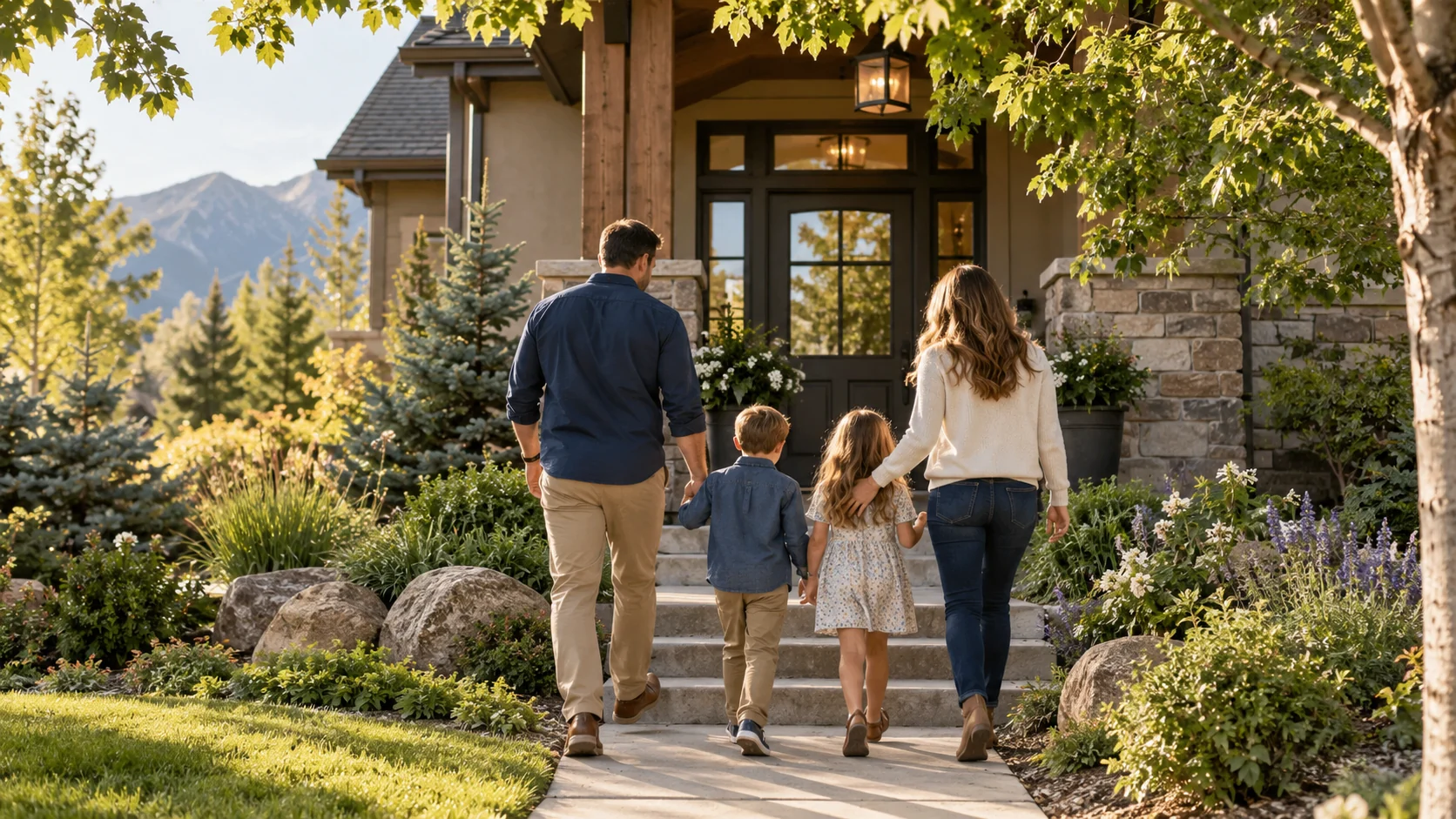 Family approaching a garden-framed home, illustrating estate planning for homeowners