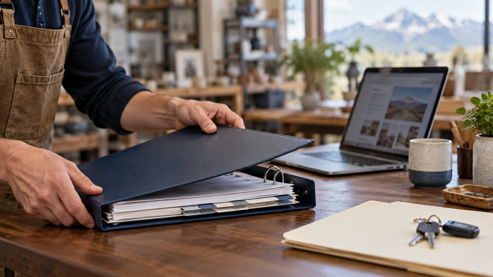 Business owner reviewing company records for succession and estate planning