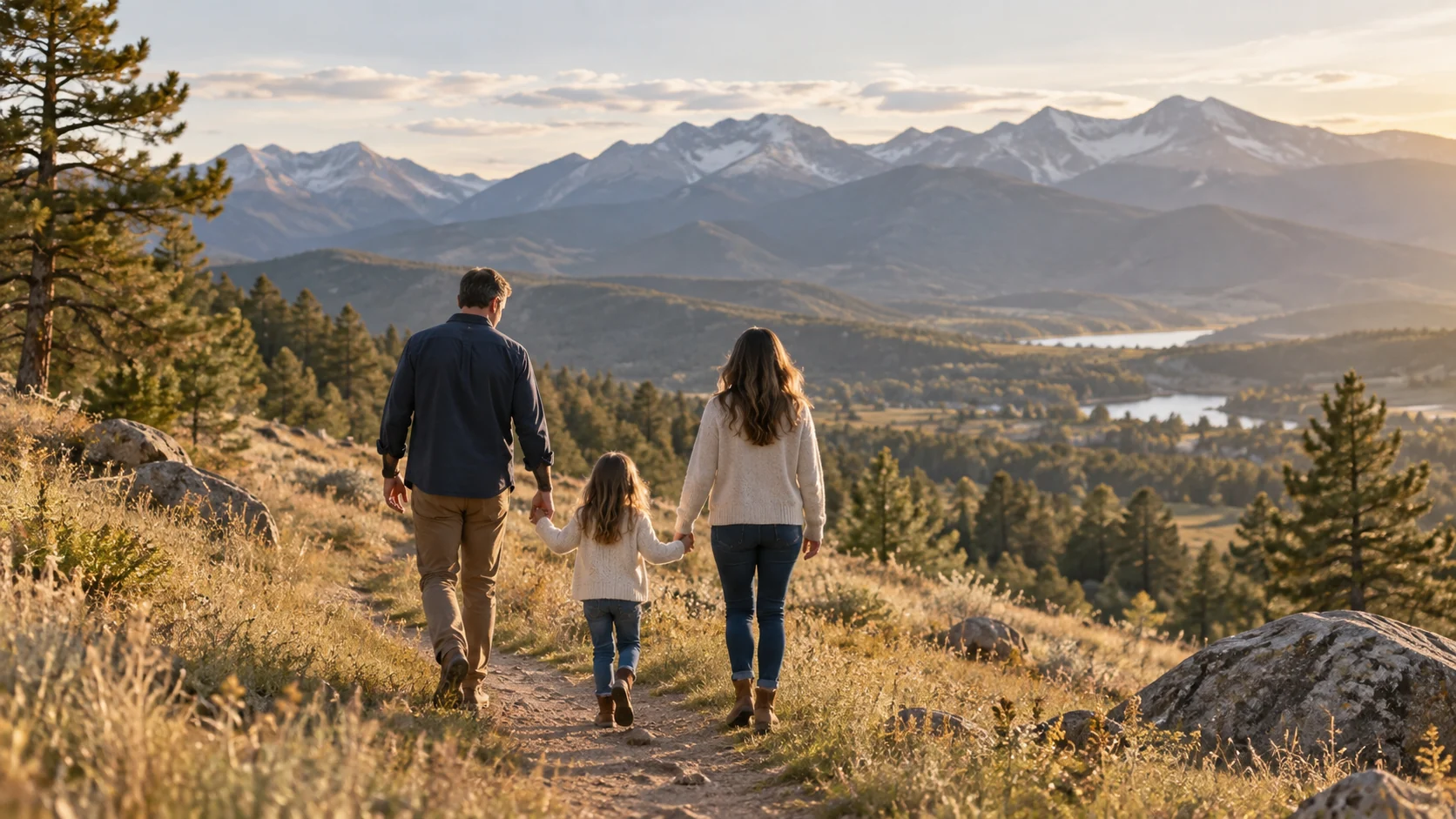 Family walking on a Colorado foothills trail with mountains in the distance