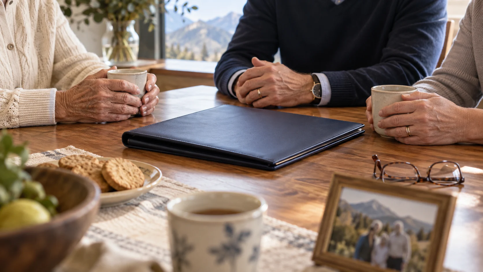 Generations discussing family estate planning over tea at a dining table