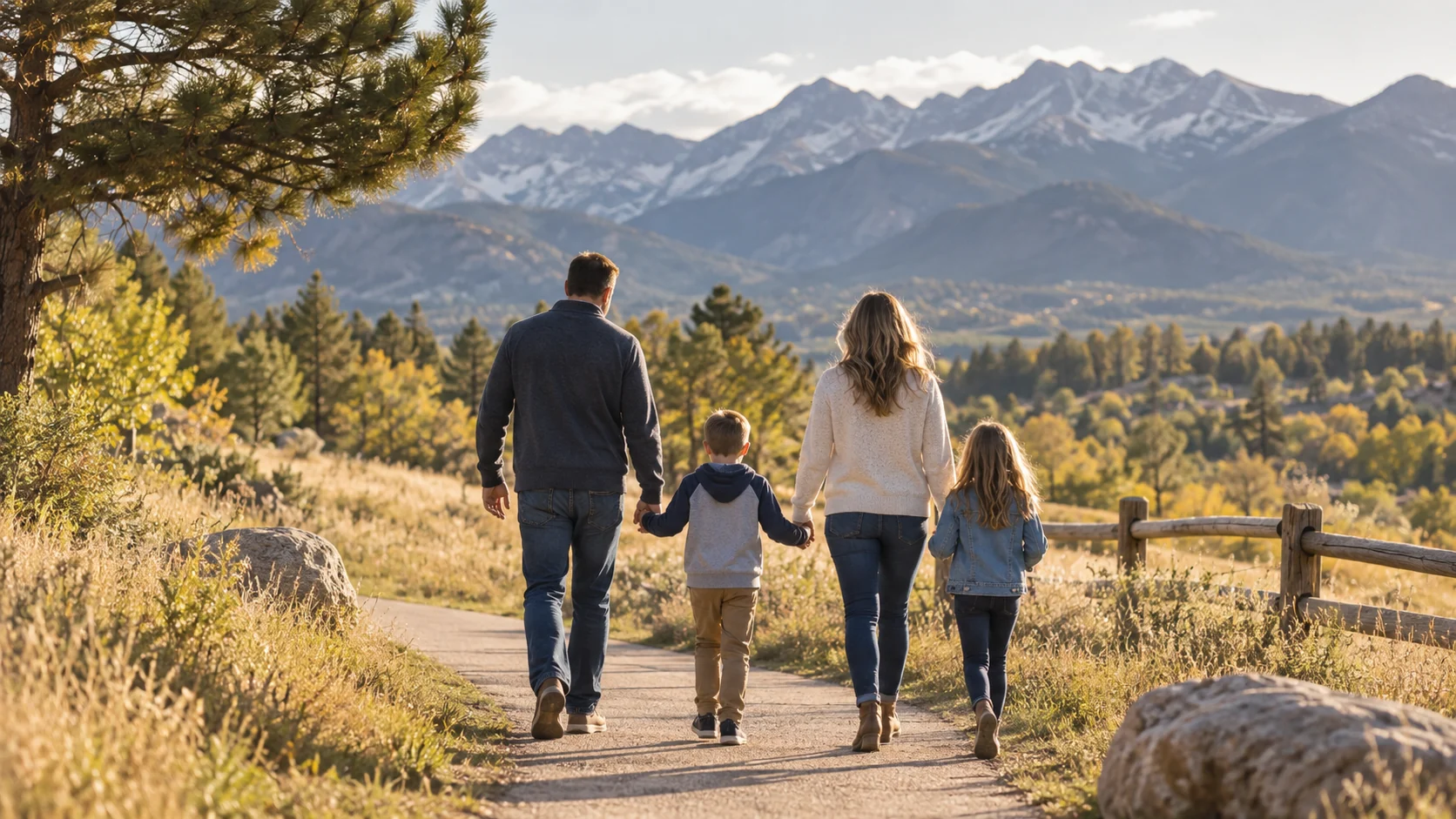 Parents and children walking a neighborhood park trail near the mountains