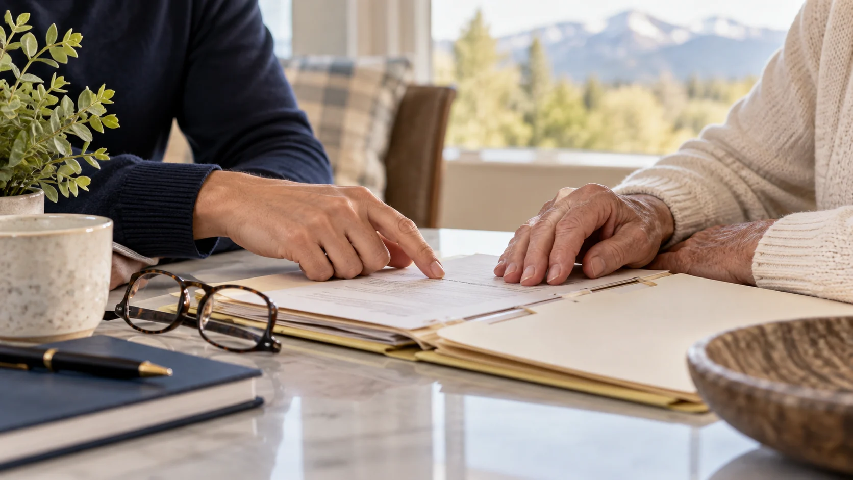 Adult child and older parent reviewing healthcare decision documents