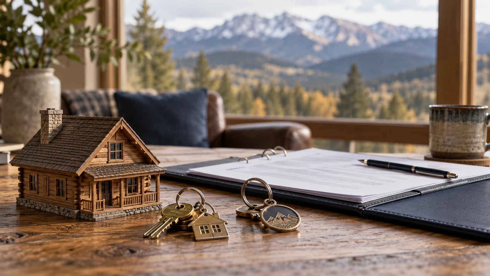 Cabin model and property keys beside a family estate planning binder