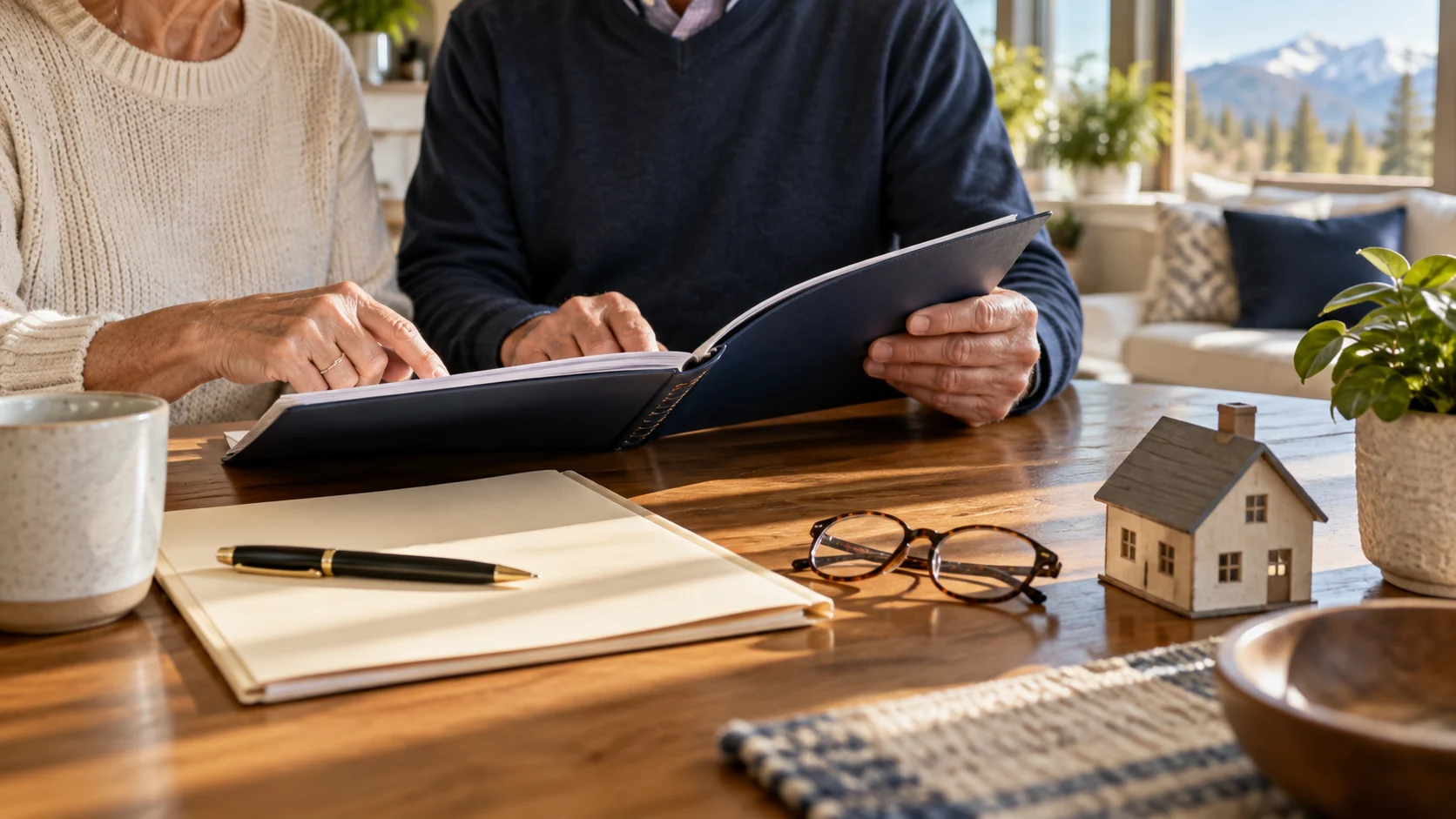 Mature couple reviewing inheritance planning documents beside a model home