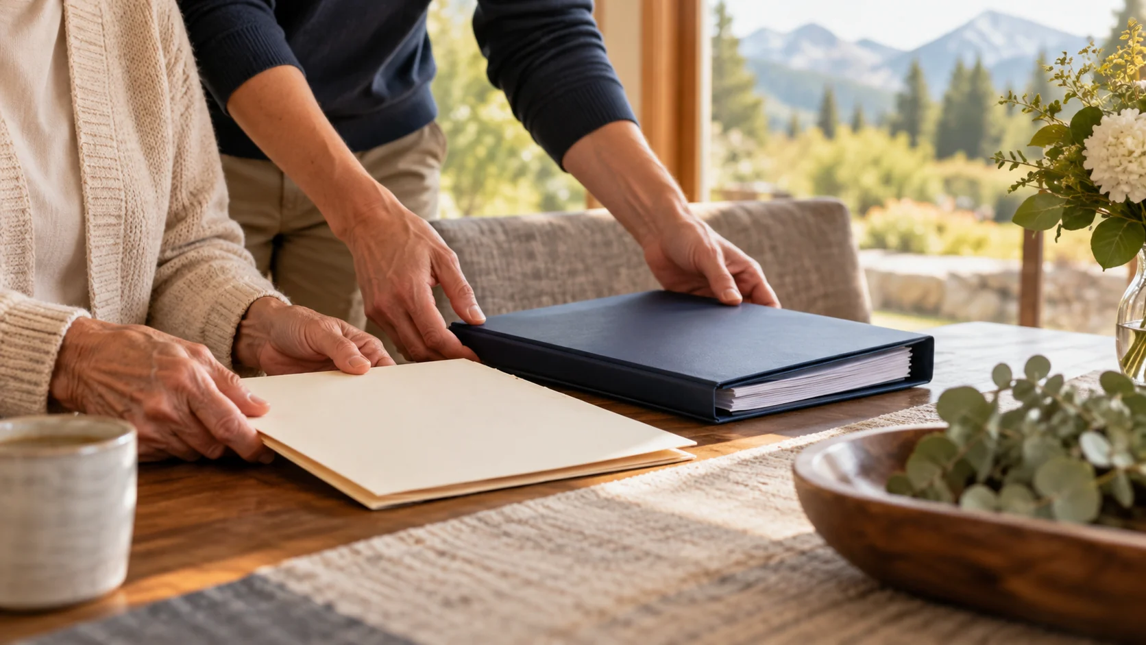 Parent and adult child arranging documents for family beneficiary planning