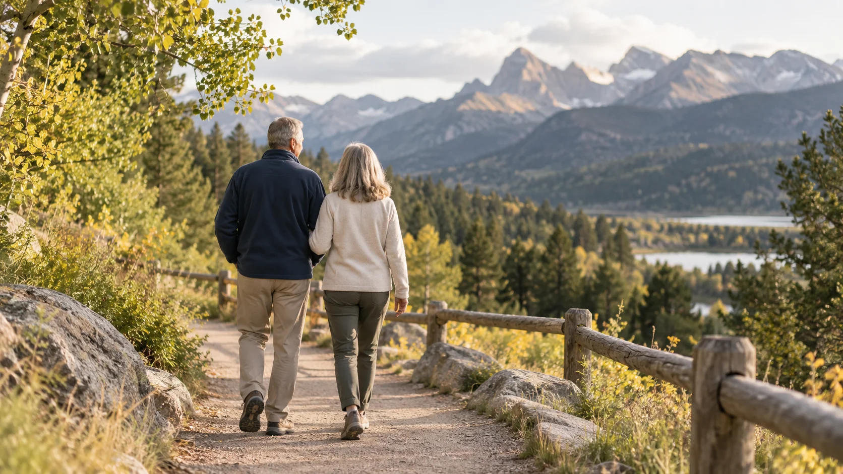 Mature couple walking a wooded foothills trail while planning for the future