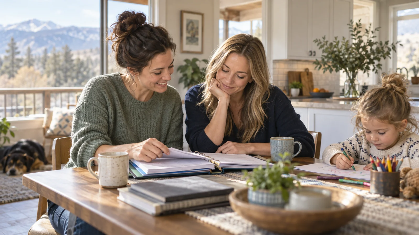 Two mothers reviewing family planning documents while their child draws at home