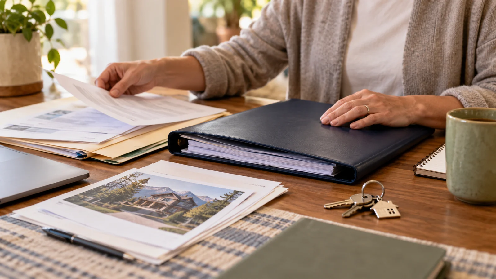 Property records, financial folders, and house keys arranged for a trust-funding review