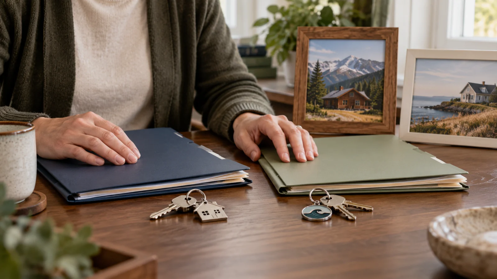Property folders and keys for a mountain cabin and coastal home being reviewed