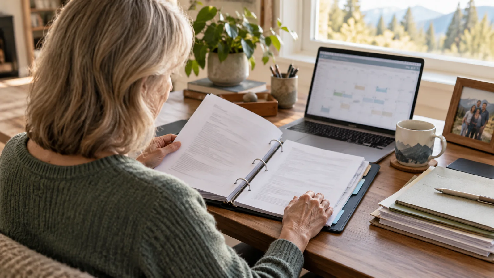 Adult reviewing an estate-planning binder and calendar at a home workspace