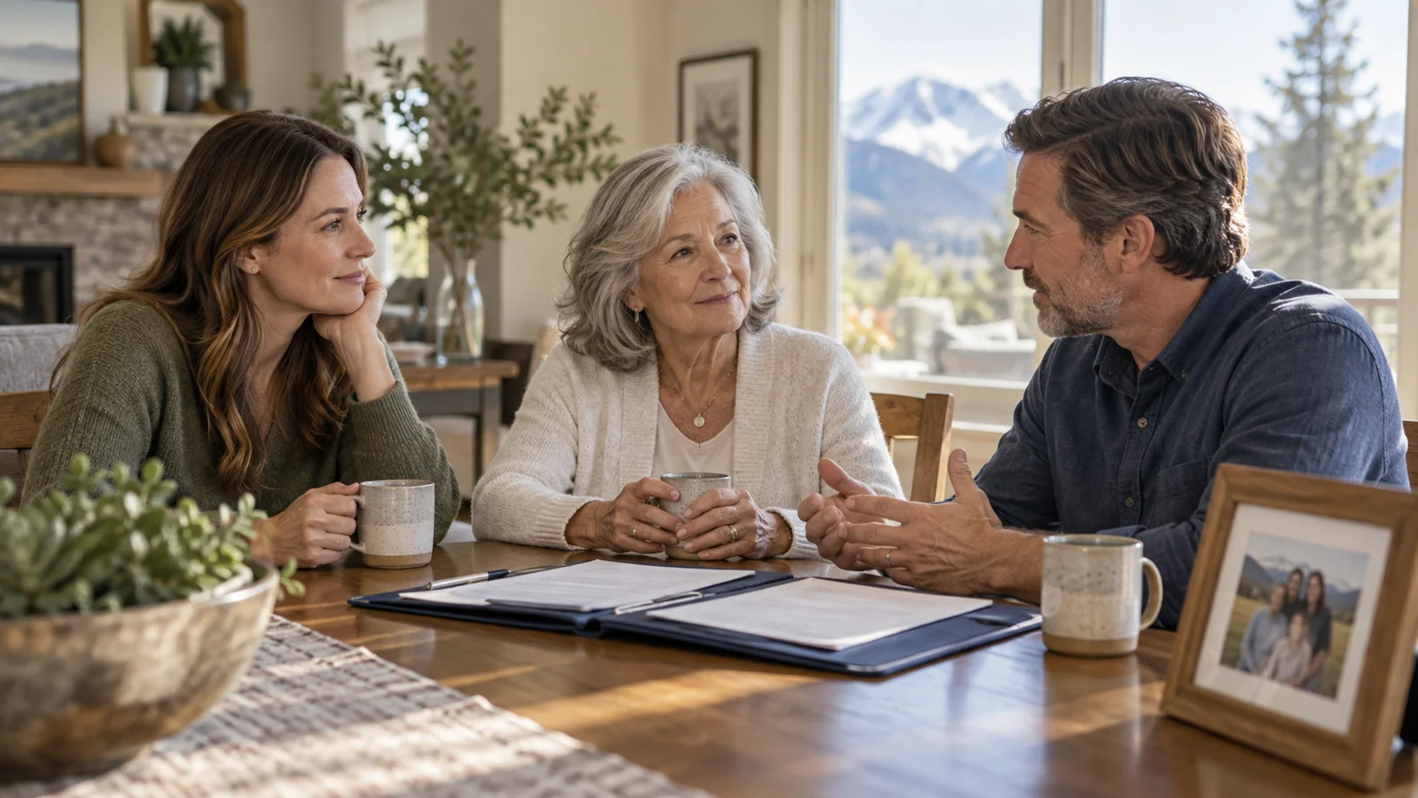 Family members discussing responsibilities for an estate plan around a dining table
