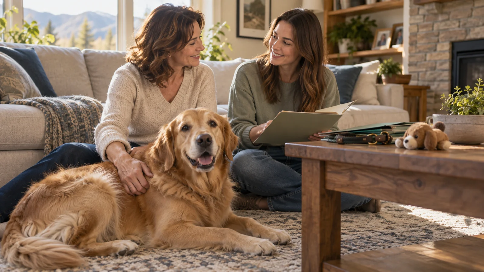 Golden retriever beside family members discussing pet care arrangements at home