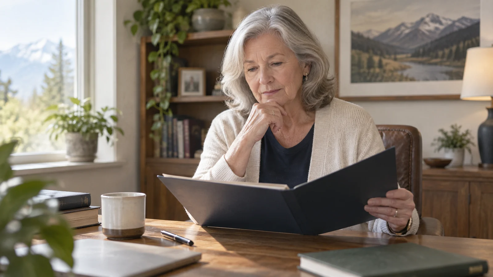 Older woman thoughtfully reviewing inheritance planning documents