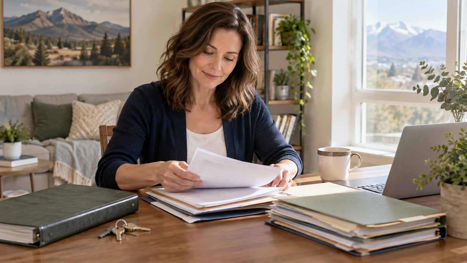 Woman organizing updated estate and account documents at a home desk