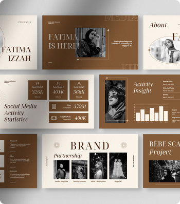 Brown-themed social media report with statistics, profile photo, brand partnership, and activity insight graph.