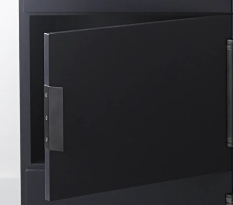 A close up of a black cabinet with a door open.