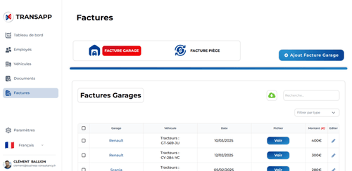Capture TransApp factures page | Développement Emvpee