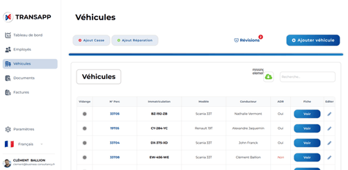 Capture TransApp véhicules page | Développement Emvpee